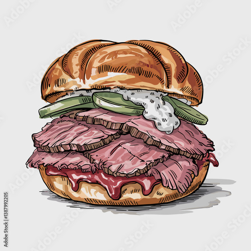 Watercolor Pit Beef Sandwich with Onions, Pickles, and Horseradish