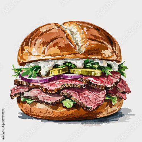 Watercolor Pit Beef Sandwich with Onions, Pickles, and Horseradish