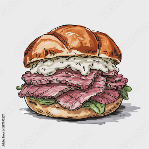 Watercolor Pit Beef Sandwich with Onions, Pickles, and Horseradish