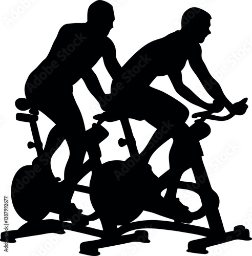 Two Silhouetted People Exercising On Stationary Bikes For Fitness And Health Indoor Sport Training Cardio Exercise Fitness Center Isolated Vector Image