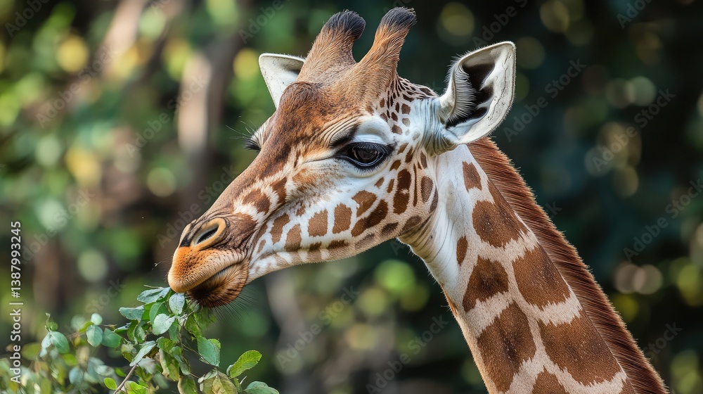 Fototapeta premium A close-up of a giraffe's head as it chews on fresh acacia leaves.