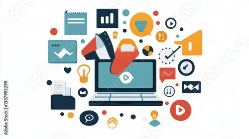 Wallpaper Mural Digital Marketing Icons and Laptop on Office Desk in Flat Design Torontodigital.ca