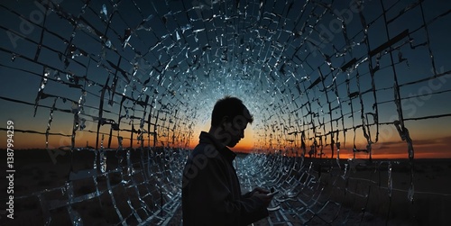 Silhouette of a man contemplating through broken glass at sunset  