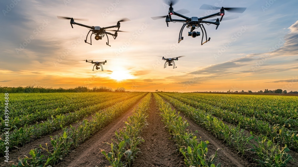 A futuristic farm with rows of crops being monitored by drone surveillance technology. A futuristic farm with rows of crops being monitored by drone surveillance technology.