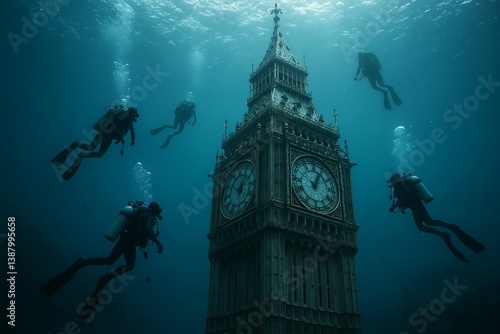 Divers Explore Submerged Clock Tower Beneath Ocean