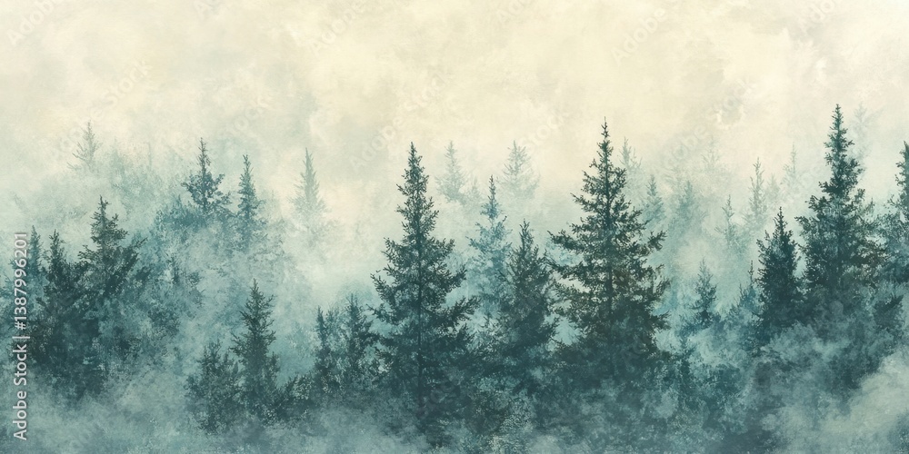 Paisaje de bosque con árboles y niebla