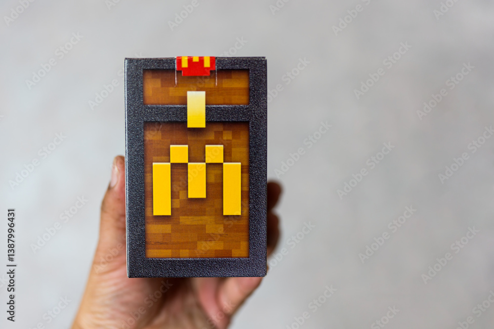 Fototapeta premium Bangkok, Thailand - April 6, 2025 : Holding a blind box toy from McDonald's collaboration with Minecraft movie limited edition.