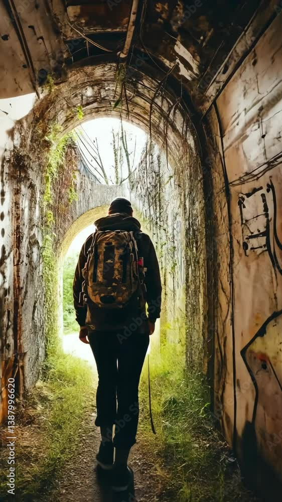 Explorer enters an overgrown archway surrounded by graffiti in a forgotten location during daylight Explorer enters an overgrown archway surrounded by graffiti in a forgotten location during daylight
