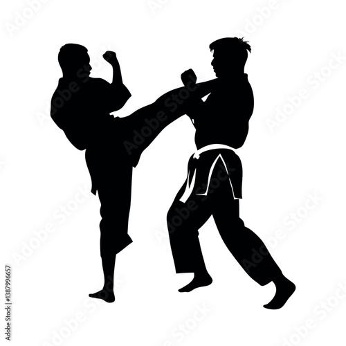 Karate Martial Arts Fighters In Silhouette Executing Kicks And Punches Demonstrating Discipline And Skillful Combat Techniques With Precise Movements