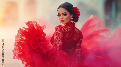 Spanish girl exuding passion while dancing flamenco in a vibrant red lace dress with stunning cinematography and color grading