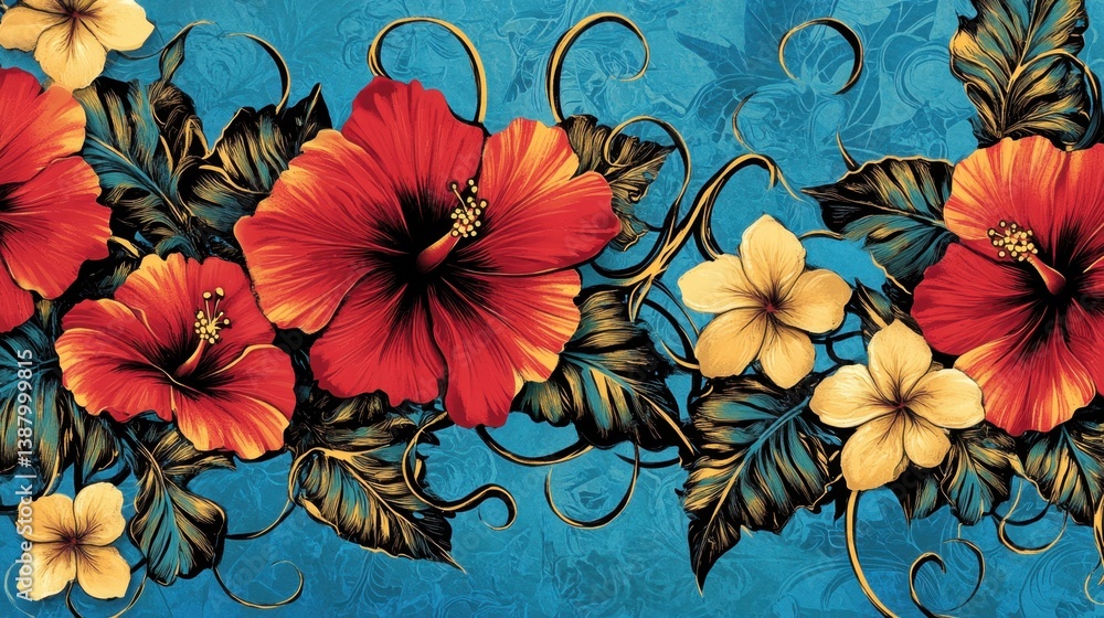 Fondo azul con flores tropicales