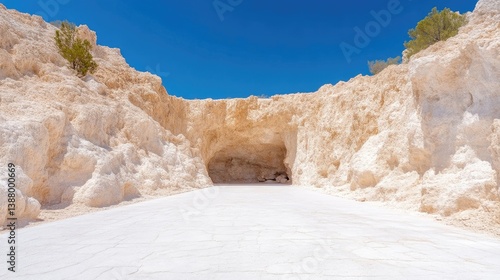 Wallpaper Mural A large cave entrance is nestled between two towering, light beige rock formations. A smooth, white expanse stretches from the caves mouth. The high-resolution image features bright sunlight, creati Torontodigital.ca
