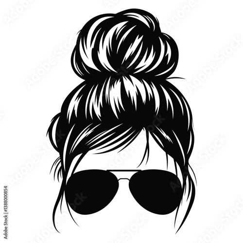 Messy hair bun vector woman silhouette Beautiful girl drawing illustration