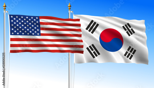 United States vs South Korea, waving flags on a sky blue background, vector illustration