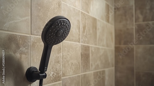 Wallpaper Mural A matte black showerhead and faucet set installed in a modern tiled bathroom. Torontodigital.ca