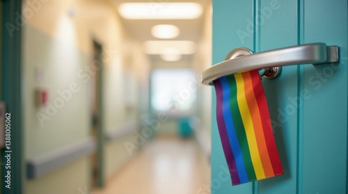Celebrating diversity at the hospital door with rainbow flag inside modern healthcare environment inspirational viewpoint