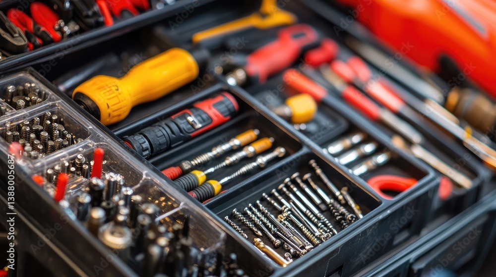 A plastic toolbox with clear compartments showcasing different drill bits and fasteners. A plastic toolbox with clear compartments showcasing different drill bits and fasteners.