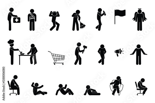 icon people in different situations, set of human figures, stick figure person pictogram man