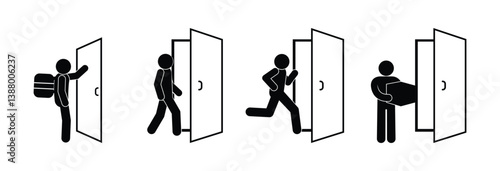courier brought a parcel, door food delivery icon, isolated silhouettes of people, stickman set