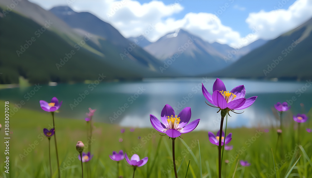 Obraz premium Purple Flowers by the Mountain Lake