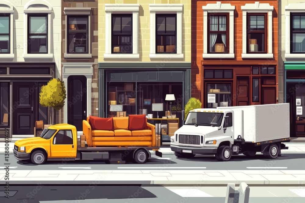 Obraz premium City street furniture moving; two trucks, urban setting, boxes on storefronts