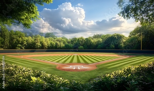 A tranquil landscape featuring a baseball diamond and lush greenery. 