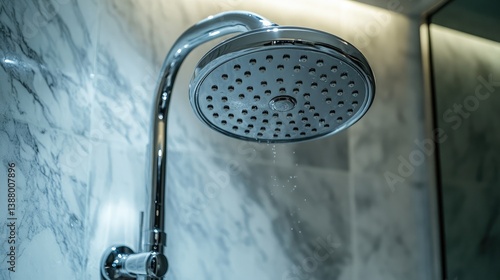 A walk-in shower with a rainfall showerhead and marble tiles.