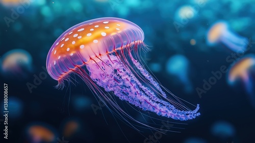 Colorful jellyfish floating gracefully underwater, perfect for marine life, nature, and wildlife themes.