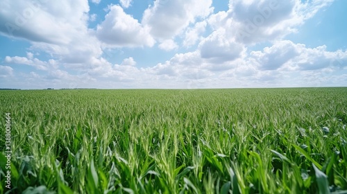 A vibrant green field stretches to the horizon under a partly cloudy sky. The image features a wide shot, emphasizing the vastness of the agricultural land. The quality is high, with good resolution