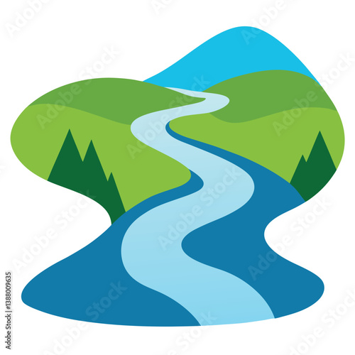 Vector illustration of a curving green road path to the blue mountain landscape under a summer sky