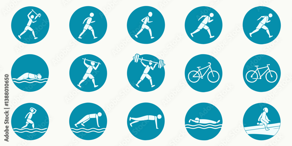 Blue Circle Graphic Vector Sports and Exercise Icons Set Blue Circle Graphic Vector Sports and Exercise Icons Set