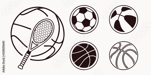 Black and White Sports Balls Tennis Racket Line Art Vector Icons Set