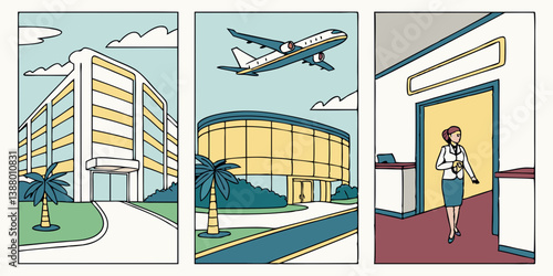 Cartoon Airport Travel Illustration: Airplane, Modern Buildings, Business Woman, Palm Trees