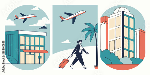 Flat Vector Travel Illustration: Airport, Hotel, Airplane, Woman with Luggage