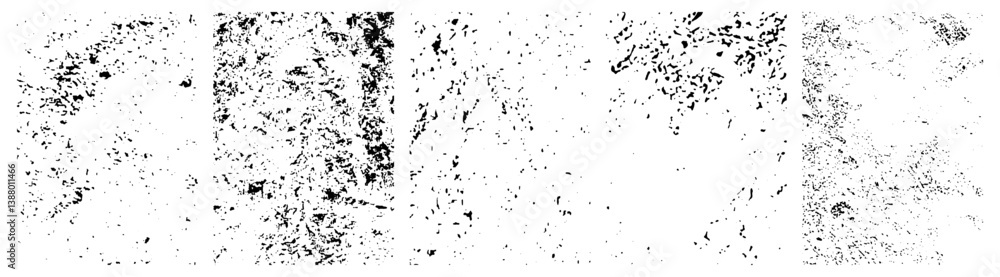 Set of different distressed black grain texture. Grunge overlay textures with dust grain isolated on white background.Simply Place illustration over any Object to Create grungy Effect.