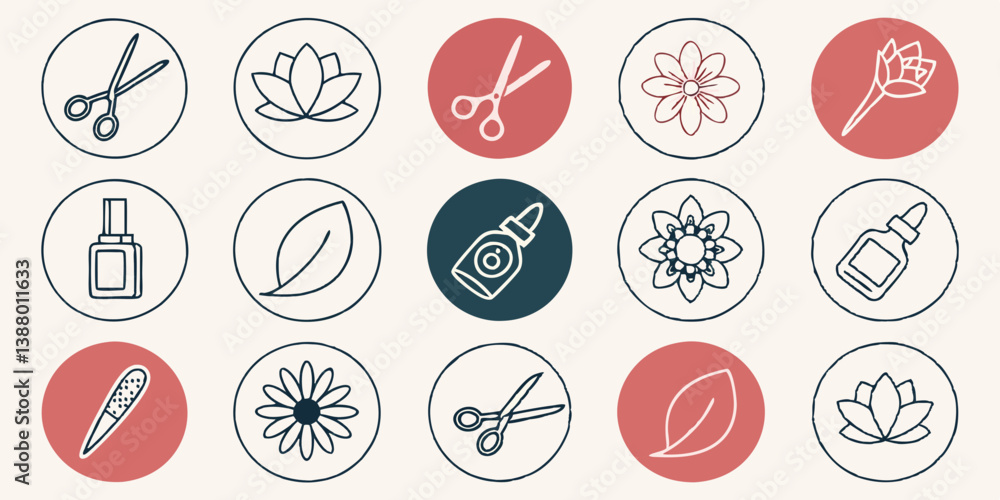 Craft Supplies Icons: Scissors, Glue, Flowers, Leaves, Red White Blue Circles Craft Supplies Icons: Scissors, Glue, Flowers, Leaves, Red White Blue Circles