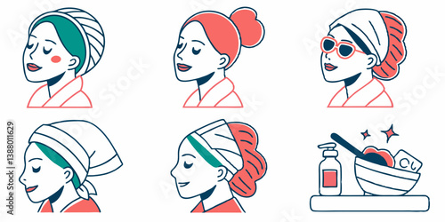 Cartoon Vector Line Drawing Skincare Spa Illustrations: Women with Towels, Relaxing Facial Treatments, Beauty Products, Wellness, Self-Care, Beauty Regimen Illustrations