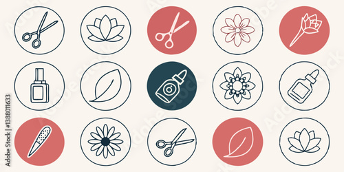 Craft Supplies Icons: Scissors, Glue, Flowers, Leaves, Red White Blue Circles