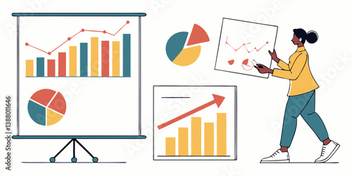 Business Presentation with Data Charts Graphs and Woman in Flat Vector Style