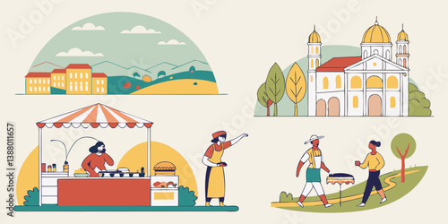 Flat Vector Illustration Cityscape Church Market Stall BBQ People Outdoor Scenes