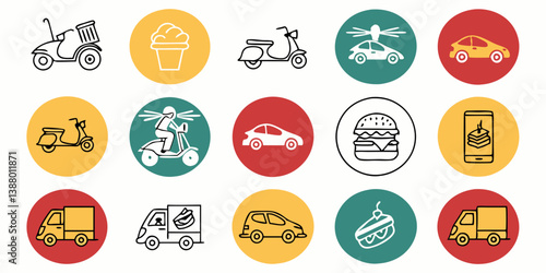 Vector Line Art Food Delivery & Transportation Icons on Bright Circles Set: Scooter, Car, Truck, Drone, Burger, Cake, Ice Cream, Mobile App Design Elements