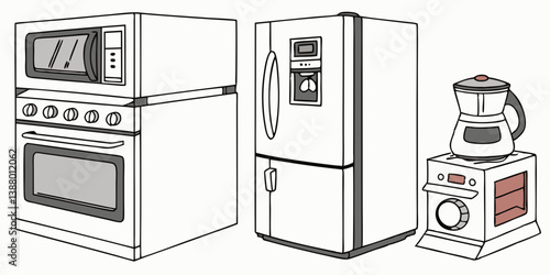 Kitchen Appliances Microwave Oven Stove Refrigerator Blender Washing Machine Black and White Line Drawing