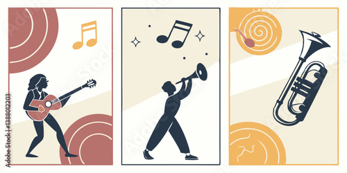 Vintage Retro Music Art Posters: Guitarist, Trumpeter, Trombone