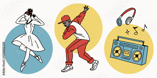 Cartoon Ballerina Breakdancer Boombox Dance Music Illustration