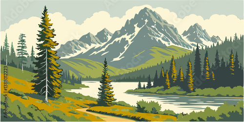 Scenic Mountain Lake Forest Landscape Vector Flat Design Art Nature Scenery