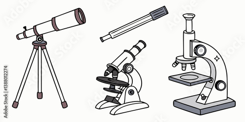 Cartoon Telescope Monocular Microscopes Illustration | Science Education Equipment Optics Observation Tools for Scientific Discovery Exploration