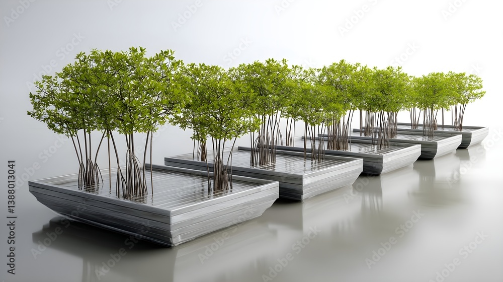 Fototapeta premium Modern minimalist planters with vibrant green mangrove trees