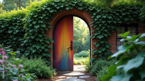Vibrant rainbow door amidst lush greenery enchanting garden pathway peaceful nature scene outdoor view