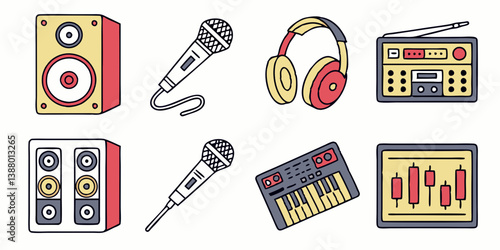 Flat Vector Illustration of Music & Audio Equipment Icons: Speakers, Microphones, Headphones, Radio, Keyboard, Soundboard for Web & Graphic Design