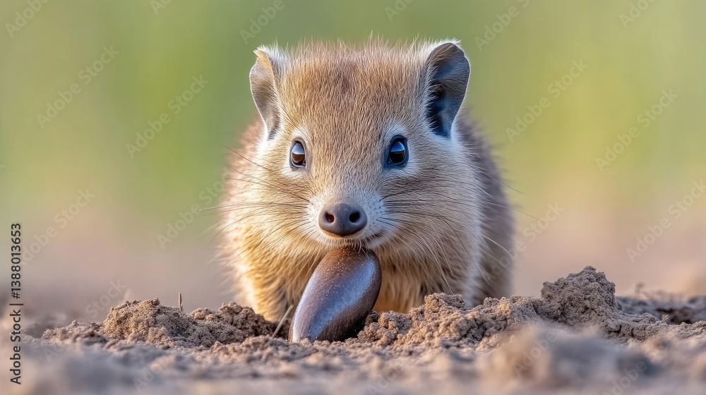 Naklejka premium Close-up of a small, light brown mammal, possibly a marsupial, looking directly at the camera while holding a dark object, likely food, in its mouth. It is positioned in the midst of light brown soil